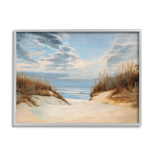 Stupell Industries Alluring Cloudy Beach Path Wooden Fence Tall Grass in Frame Wall Art